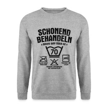 SCHONEND BEHANDELN 70 JAHRE ALT 70. GEBURTSTAG - Unisex Pullover - Weißgrau meliert - Vorne - Alina (178cm) & Michal (187cm)