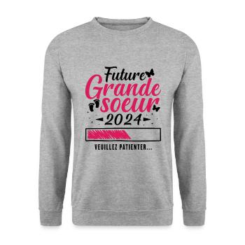 Future Grande Soeur 2024 Humour Cadeau - Sweat-shirt Unisexe - gris chiné - Devant - Alina (178cm) & Michal (187cm)