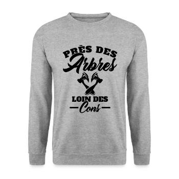 Près des Arbres loin des Cons Cadeau Bûcheron - Sweat-shirt Unisexe - gris chiné - Devant - Alina (178cm) & Michal (187cm)