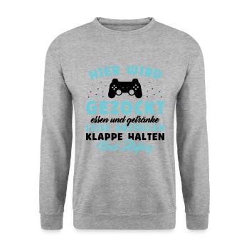 Hier wird gezockt essen und getränke leise - Unisex Pullover - Weißgrau meliert - Vorne - Alina (178cm) & Michal (187cm)