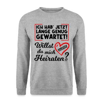Willst du mich endlich heiraten? Heiratsantrag - Unisex Pullover - Weißgrau meliert - Vorne - Alina (178cm) & Michal (187cm)