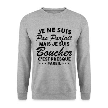 Je Ne Suis Pas Parfaite Mais Je Suis Boucher - Sweat-shirt Unisexe - gris chiné - Devant - Alina (178cm) & Michal (187cm)