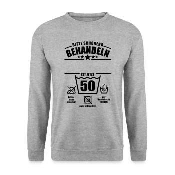 Schonend behandeln, 50. Geburtstag, Wunschname - Unisex Pullover - Weißgrau meliert - Vorne - Alina (178cm) & Michal (187cm)