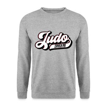 Farben änderbar | Judo Schriftzug - Unisex Pullover - Weißgrau meliert - Vorne - Alina (178cm) & Michal (187cm)