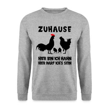 Zuhause Hahn Huhn Hühner Familie Lustig Spruch - Unisex Pullover - Weißgrau meliert - Vorne - Alina (178cm) & Michal (187cm)
