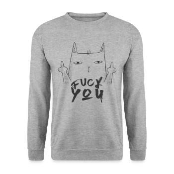 Fuck You - Fuck Off - Katze mit Mittelfinger - Unisex Pullover - Weißgrau meliert - Vorne - Alina (178cm) & Michal (187cm)