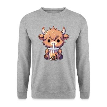 Kühe trinken Bubble Tea kawaii Boba Hochlandrind - Unisex Pullover - Weißgrau meliert - Vorne - Alina (178cm) & Michal (187cm)