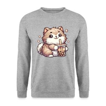 Katzen trinken Bubble Tea kawaii Boba Katze - Unisex Pullover - Weißgrau meliert - Vorne - Alina (178cm) & Michal (187cm)
