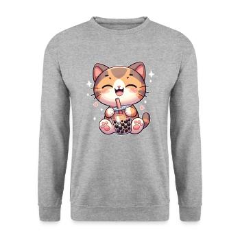 Katzen trinken Bubble Tea kawaii Boba Katze - Unisex Pullover - Weißgrau meliert - Vorne - Alina (178cm) & Michal (187cm)