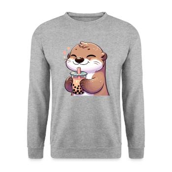 Ottern trinken Bubble Tea kawaii Boba Otter - Unisex Pullover - Weißgrau meliert - Vorne - Alina (178cm) & Michal (187cm)