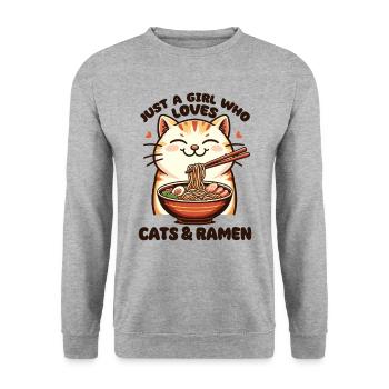 Katze mit Nudeln Ramen kawaii Katze - Unisex Pullover - Weißgrau meliert - Vorne - Alina (178cm) & Michal (187cm)