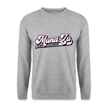 Farben änderbar | Mund Zu ich weiß ich bin hübsch - Unisex Pullover - Weißgrau meliert - Vorne - Alina (178cm) & Michal (187cm)