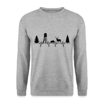 Farbe änderbar | Jäger Hochsitz Herzschlag Puls - Unisex Pullover - Weißgrau meliert - Vorne - Alina (178cm) & Michal (187cm)