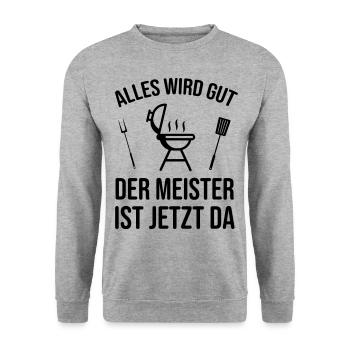 Grill Grillen Meister Lustiger Spruch - Unisex Pullover - Weißgrau meliert - Vorne - Alina (178cm) & Michal (187cm)