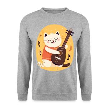 Süße Katze mit Gitarre - Unisex Pullover - Weißgrau meliert - Vorne - Alina (178cm) & Michal (187cm)