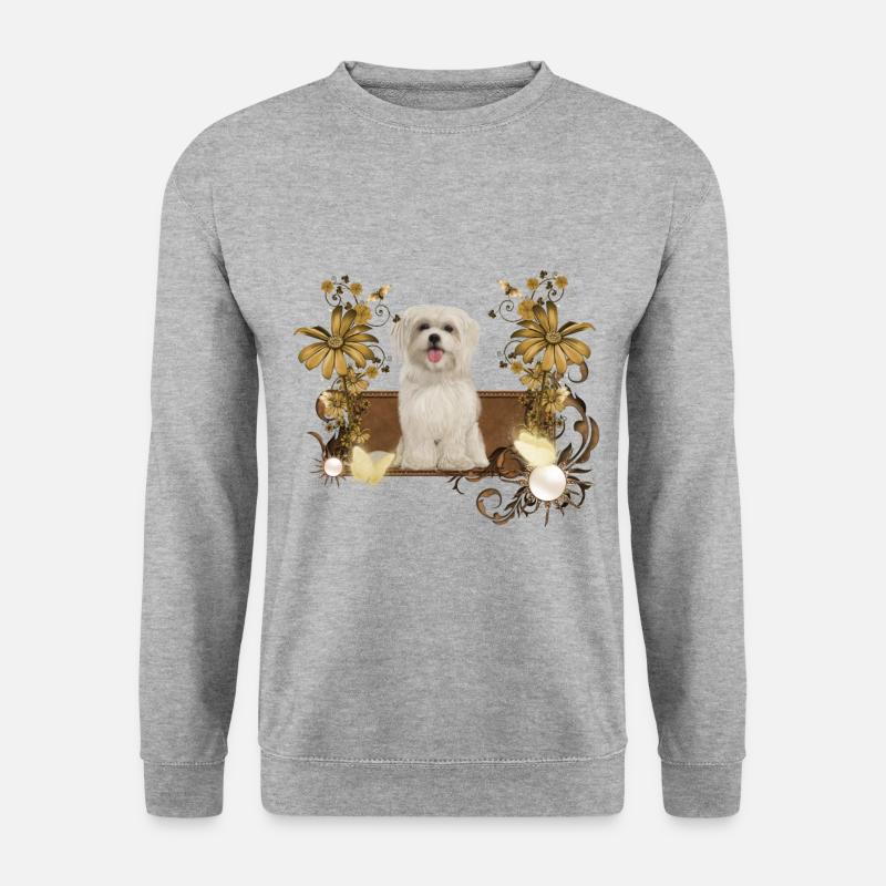 Netter maltesischer Welpe mit Blumen - Unisex Pullover - Weißgrau meliert