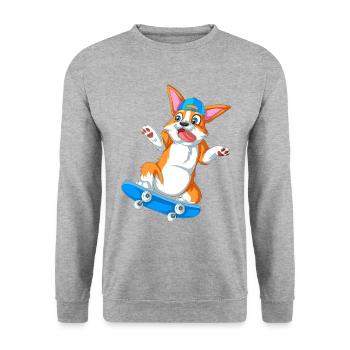 Corgi Skateboarding Fun – Perfekte Geschenk-Vibes - Unisex Pullover - Weißgrau meliert - Vorne - Alina (178cm) & Michal (187cm)