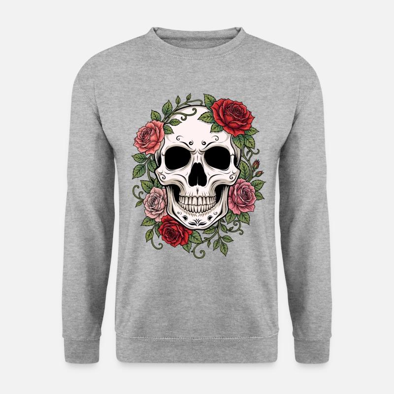 Skull & Red Roses, Gothic, Skull, Rock - Unisex Pullover - Weißgrau meliert