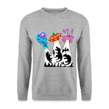 Des extraterrestres enlèvant des dinosaures : OVNI de dessin animé drôle - Sweat-shirt Unisexe - gris chiné - Devant - Alina (178cm) & Michal (187cm)
