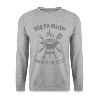 BBQ PIT MASTER WHERE’S THE MEAT Grill Grafik - Unisex Pullover - Weißgrau meliert - Vorne - Alina (178cm) & Michal (187cm)