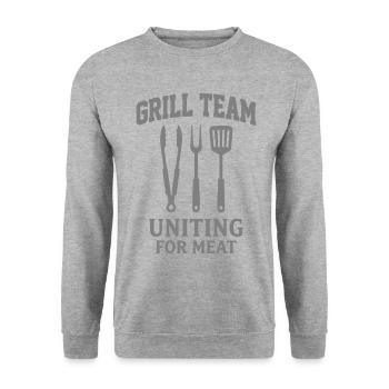 GRILL TEAM UNITING FOR MEAT BBQ Grafik - Unisex Pullover - Weißgrau meliert - Vorne - Alina (178cm) & Michal (187cm)