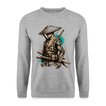 Samurai Cyborg - Futuristisches Ronin Design - Unisex Pullover - Weißgrau meliert - Vorne - Alina (178cm) & Michal (187cm)