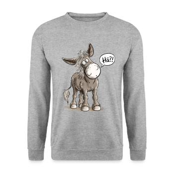 Lustiger Esel Hä Spruch Tierhumor Eselmotiv - Unisex Pullover - Weißgrau meliert - Vorne - Alina (178cm) & Michal (187cm)