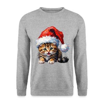 Süßes Kätzchen mit Santa-Hut - Unisex Pullover - Weißgrau meliert - Vorne - Alina (178cm) & Michal (187cm)