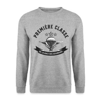 Première classe de la race des seigneurs - Sweat-shirt Unisexe - gris chiné - Devant - Alina (178cm) & Michal (187cm)