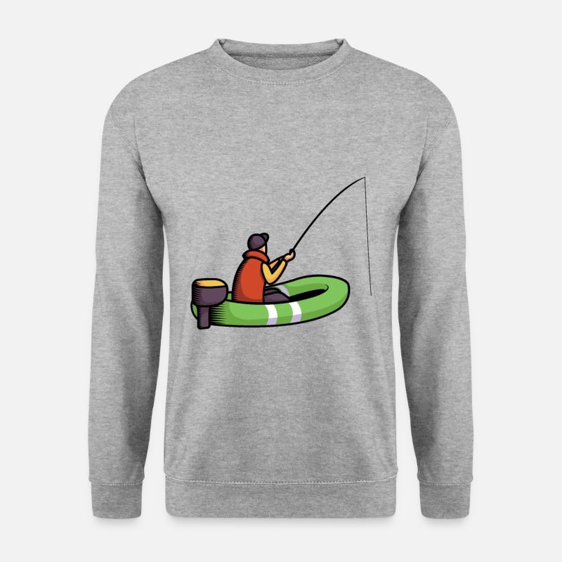 Angler Fischer Mann mit Schlauchboot beim Fischen - Unisex Pullover - Weißgrau meliert