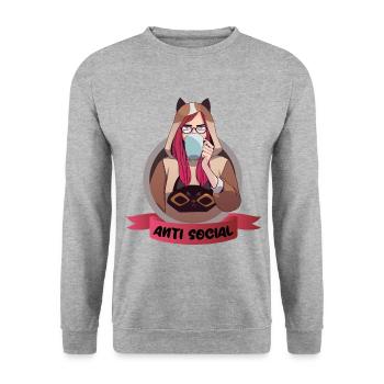Anti Social Motiv Anime Stil Waifu mit Kaffeetasse - Unisex Pullover - Weißgrau meliert - Vorne - Alina (178cm) & Michal (187cm)