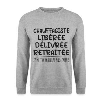 Chauffagiste célèbre sa retraite avec humour - Sweat-shirt Unisexe - gris chiné - Devant - Alina (178cm) & Michal (187cm)