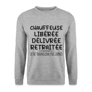 Chauffeuse célèbre sa retraite avec humour cadeau - Sweat-shirt Unisexe - gris chiné - Devant - Alina (178cm) & Michal (187cm)