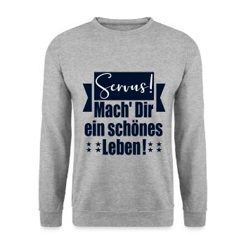 LEBENSWEISHEITEN SPRÜCHE - SERVUS BEGRÜßUNG - Unisex Pullover - Weißgrau meliert - Vorne - Alina (178cm) & Michal (187cm)