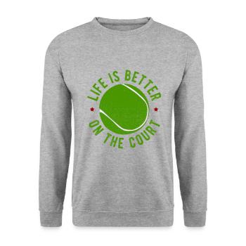 Tennisplatz Spruch Für Tennis - Unisex Pullover - Weißgrau meliert - Vorne - Alina (178cm) & Michal (187cm)