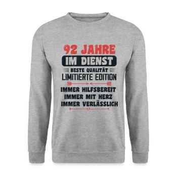 92 Jahre im Dienst 92 Jähriges Dienstjubiläum - Unisex Pullover - Weißgrau meliert - Vorne - Alina (178cm) & Michal (187cm)