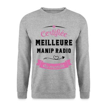 Certifiée meilleure manip radio du monde - Sweat-shirt Unisexe - gris chiné - Devant - Alina (178cm) & Michal (187cm)