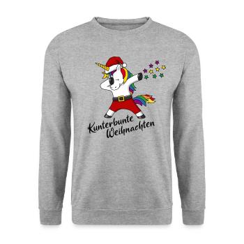 Kunterbunte Weihnachten Einhorn Christmas Geschenk - Unisex Pullover - Weißgrau meliert - Vorne - Alina (178cm) & Michal (187cm)