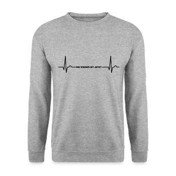 Nie wieder ist jetzt Gegen Rechts gegen Hetze EKG - Unisex Pullover - Weißgrau meliert - Vorne - Alina (178cm) & Michal (187cm)