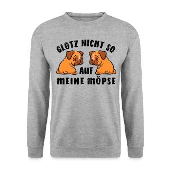 Mops - Glotz nicht so auf meine Möpse - Kostüm - Unisex Pullover - Weißgrau meliert - Vorne - Alina (178cm) & Michal (187cm)