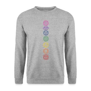 7 Chakra Symbole - Farben Zuordnung - Unisex Pullover - Weißgrau meliert - Vorne - Alina (178cm) & Michal (187cm)