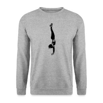 Frau im Handstand / Geschenkidee - Unisex Pullover - Weißgrau meliert - Vorne - Alina (178cm) & Michal (187cm)