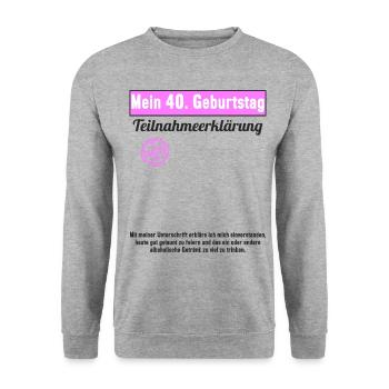 40 Jahr Gästebuch Teilnahmeerklärung 40 Geburtstag - Unisex Pullover - Weißgrau meliert - Vorne - Alina (178cm) & Michal (187cm)