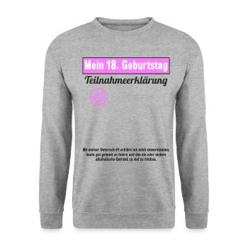 18 Jahr Gästebuch Teilnahmeerklärung 18 Geburtstag - Unisex Pullover - Weißgrau meliert - Vorne - Alina (178cm) & Michal (187cm)