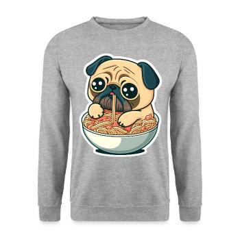 Carlin de dessin animé mignon assis dans un bol de ramen - Sweat-shirt Unisexe - gris chiné - Devant - Alina (178cm) & Michal (187cm)