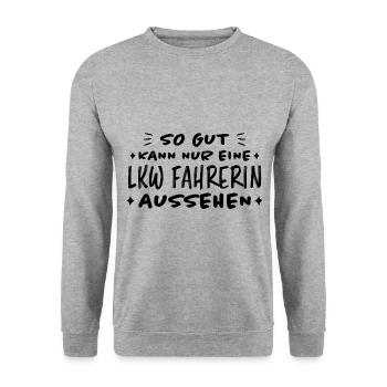 LKW Fahrerin Fun Spruch Lastwagenfahrerin Geschenk - Unisex Pullover - Weißgrau meliert - Vorne - Alina (178cm) & Michal (187cm)