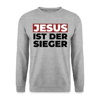 Jesus Christus ist der Sieger - Christliches Shirt - Unisex Pullover - Weißgrau meliert - Vorne - Alina (178cm) & Michal (187cm)