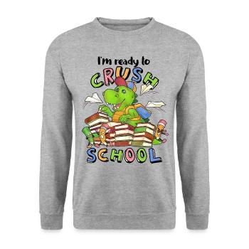 Ready to crush school cooler Dino zur Einschulung - Unisex Pullover - Weißgrau meliert - Vorne - Alina (178cm) & Michal (187cm)