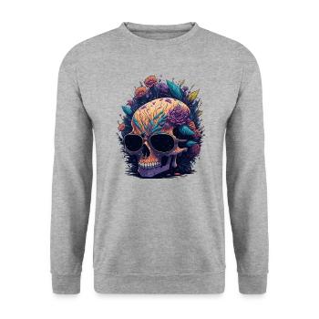 Skull with Flowers - Totenkopf mit Blumen - Unisex Pullover - Weißgrau meliert - Vorne - Alina (178cm) & Michal (187cm)