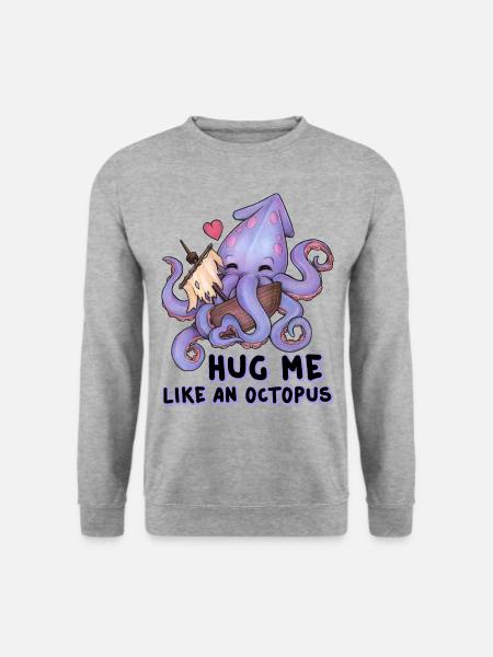 Hug me like an Octopus Lustiger Knuddel Krake Herz - Unisex Pullover - Weißgrau meliert